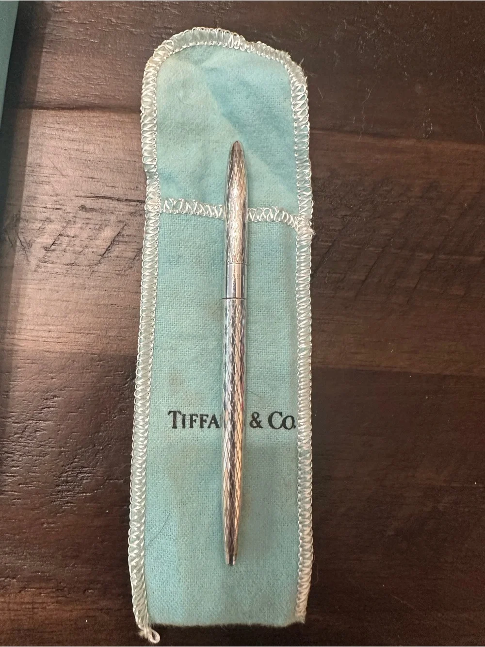 Tiffany & Co. Silver Textured Ballpoint Pen with Tiffany Blue Pouch and Box